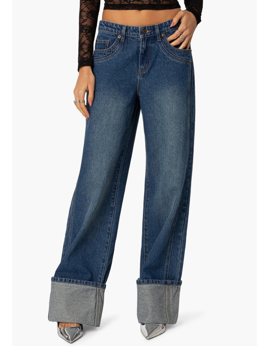 Edikted Dark Blue Wide-Leg Cuffed Jeans